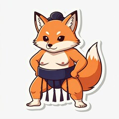 Obraz premium A chibi sumo wrestler as a fox, with pointy ears and a bushy tail. The wrestler is posing proudly, designed in a simple, cute sticker style with a white background. 