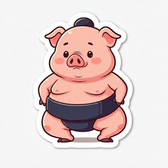 A chibi sumo wrestler as a chubby pig, with floppy ears and a cute snout, standing in a sumo stance. The design is playful and fun, in a sticker style with a white background.
