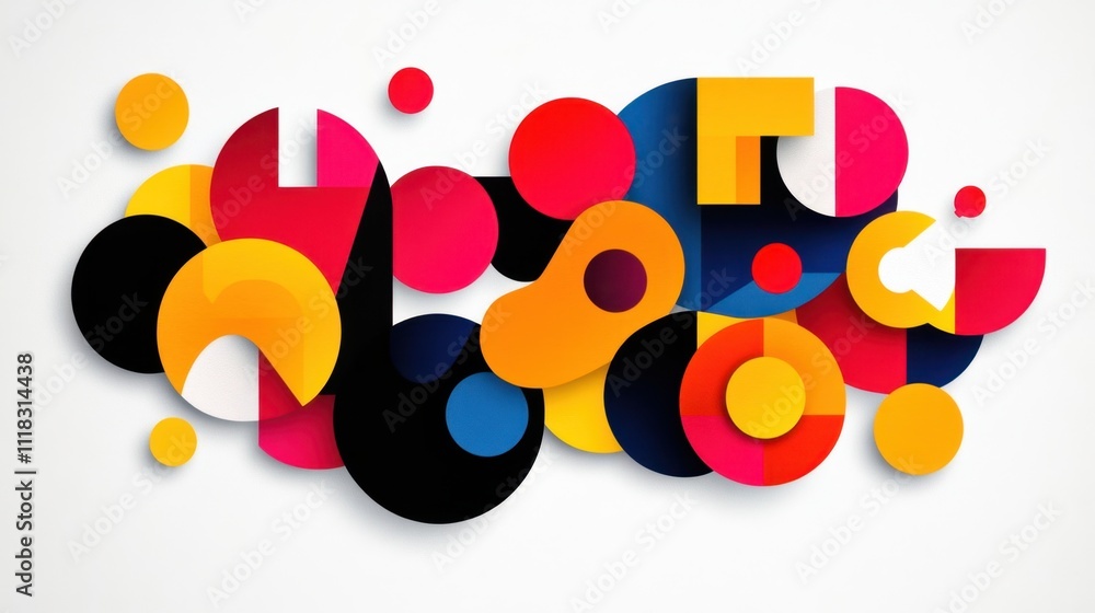 Poster vibrant and dynamic composition of overlapping circles and geometric shapes in various sizes and col