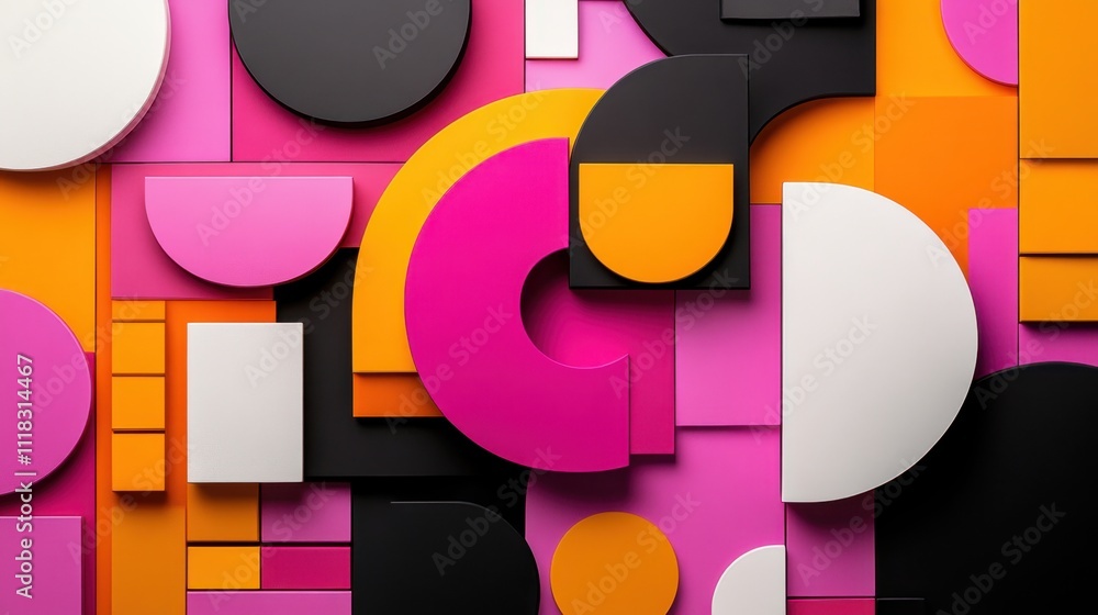 Poster vibrant abstract composition with overlapping geometric shapes in pink, orange, black, and white, cr