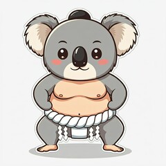 Obraz premium A chibi sumo wrestler dressed as a koala, with fluffy ears and a calm, happy expression. The wrestler is in a sumo stance, drawn in a cute sticker style with a simple white background.