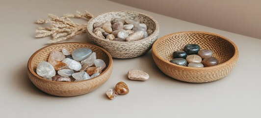 Naklejka premium Wooden Bowls of Tumbled Stones Flatlay Photography, Neutral Tones, Crystal Healing Crystals, Tumbled Stones, Flatlay Photography