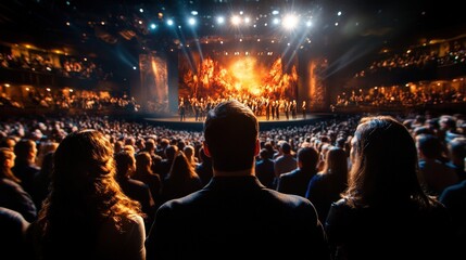 A captivated audience watches in awe as a dramatic performance unfolds on stage, illuminated by vibrant lights, embodying the essence of live theatre.