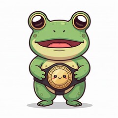 Obraz premium A chibi sumo wrestler with a frog costume, complete with oversized eyes and a funny pose. The wrestler is holding a sumo belt, with a cute sticker design and a clean white background.