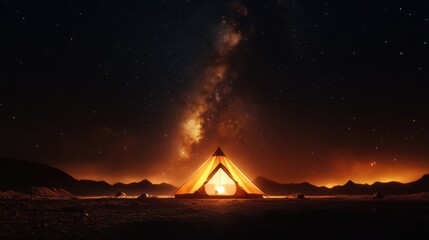 A cozy tent glows warmly in the foreground, illuminated by the Milky Way stretching across the night sky, with distant mountains and a hint of civilization in the background