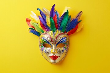 Top View Colorful Venetian Mask with Feathers on Yellow Background, Carnival Mask Composition, Feathers, Gold, Masquerade Carnival,Venetian,Masquerade