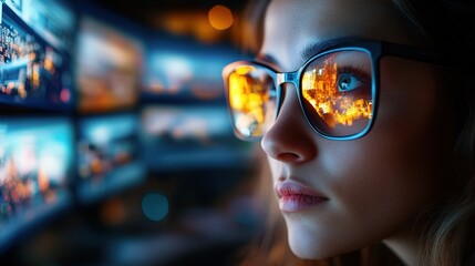 A focused young woman gazes intently at her array of digital screens, reflecting the vibrant cityscape, showcasing ambition and the digital age's allure.