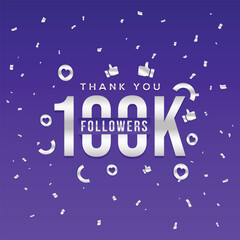 Elegant Thank you 100k followers design with confetti on a purple background. Perfect for social media banners, milestone celebration posts, or community engagement templates. achievement post.