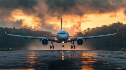 Airplane Landing at Sunset