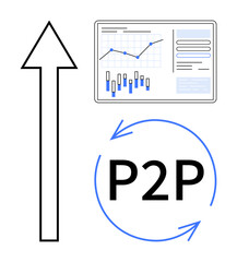 Arrow pointing up with data chart and graphs, P2P text inside circular arrows. Ideal for business growth, financial analysis, peer-to-peer exchange, market trends, data visualization, fintech
