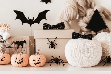 Neutral Halloween Shelfie Knit Pumpkins, Cardboard Boxes, Bats, Spiders, Close-up View, Autumnal Decor Halloween, Autumn Decor