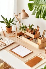 High-Angle View of Minimalist Workspace Wooden Organizer with Pens and Plants, Notebook, Light Beige Desk, Minimalist Aesthetic Keywords Workspace, Minimalist, Desk Setup
