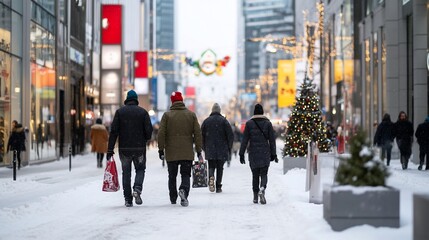 Obraz premium People walking in a snowy urban street during winter festivities.