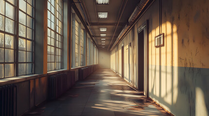 Abandoned corridor illuminated by sunlight in an empty building during the afternoon