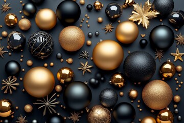 Flatlay Composition Black and Gold Christmas Ornaments, Festive Decor, Holiday Background Christmas Decor, Flatlay Photography, Holiday Season