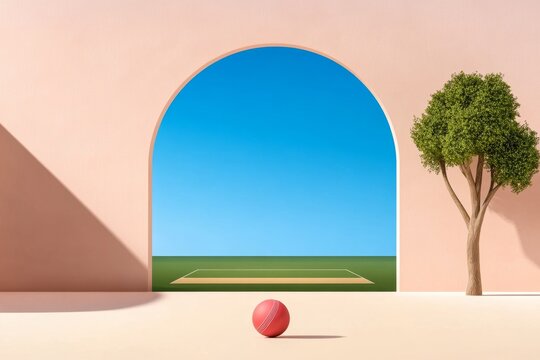 A sleek representation of a cricket field with a centered pitch, designed with crisp, minimalist shapes and colors