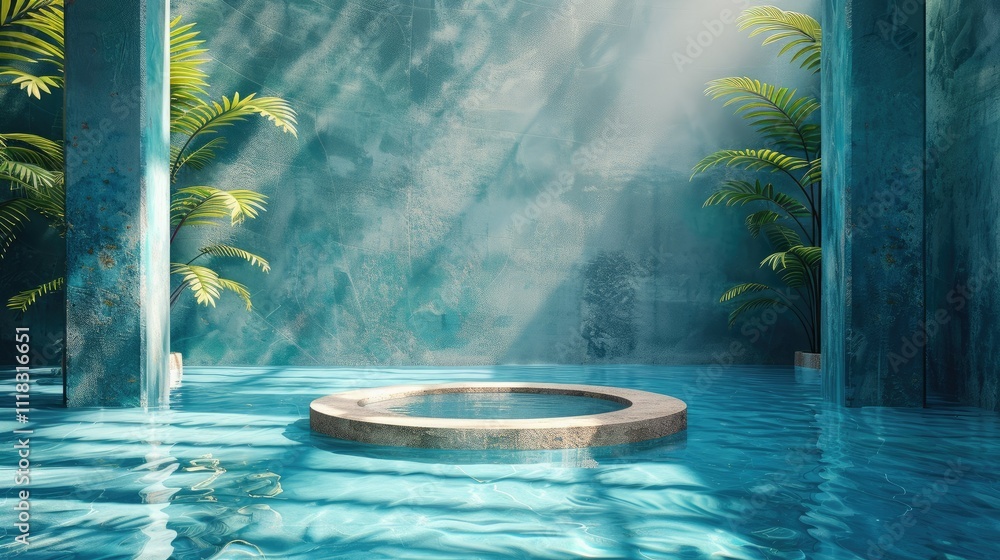 Poster circular platform in a turquoise pool with palm trees and pillars.