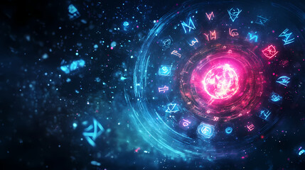 Mystical light illuminating magical runes with symbols against a dark background in a whimsical illustration. Runes. Illustration