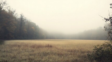 Misty autumn field with trees in the background.