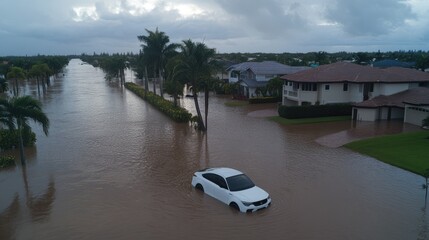 Fototapeta premium A white car is completely submerged in water close to a residential property, highlighting the effects of recent heavy rainfall