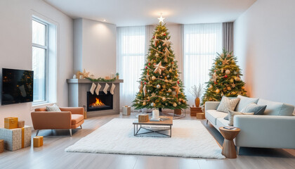 Contemporary living room featuring a white Christmas tree, stylish furniture, and minimalistic holiday decor
