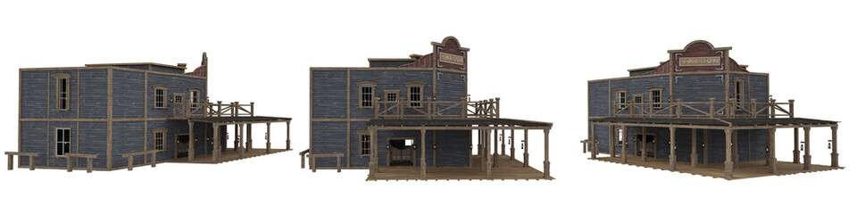 Wooden wild western wooden saloon building. Set of 3 isolated 3D rendered illustrations from different angles.