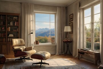 Fototapeta premium Reading nook in a front of a large sunlit window with bookshelf and couch