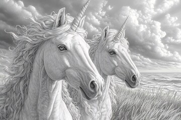 Obraz premium Artistic pencil drawing of unicorn rearing up textured shading and detailed mane suitable for fantasy and dreamrelated messages