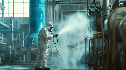 Worker in protective suit disinfects industrial area with a spray nozzle, ensuring safety and cleanliness