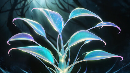 Obraz premium Glowing plant illuminating dark forest at night, bioluminescent flora thriving in enchanted woods