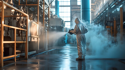 Warehouse worker sprays disinfectant in industrial facility during early morning hours
