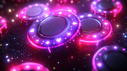 Glowing casino chips on dark background.
