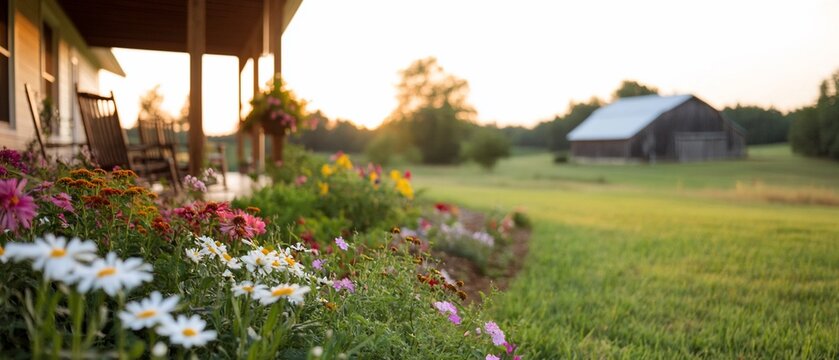 Rural home porch with blooming flowers and a barn in the background at sunset.