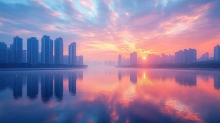 Fototapeta premium Vibrant sunrise over calm city lake with skyscrapers reflected in water.