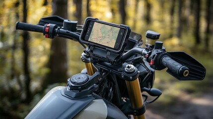 Motorcycle navigation system with smartphone displaying map in forest.