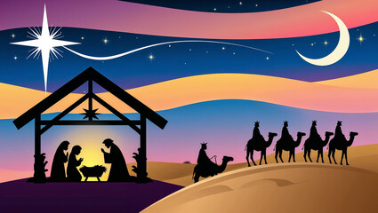 Three wise men following star to jesus christ nativity scene