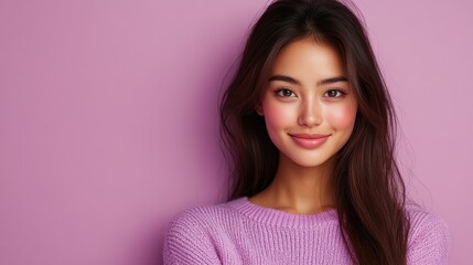 Fototapeta premium A woman with long brown hair and a pink sweater is smiling. Generative AI