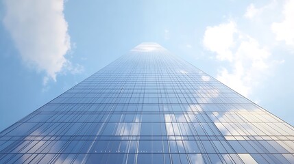 Low angle view of a modern glass skyscraper against a bright blue sky with clouds.