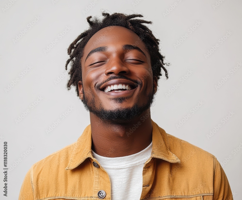 Poster a man with dreadlocks is smiling and wearing a yellow jacket. generative ai