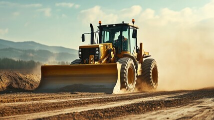 Obraz premium Grader moving earth on construction site.