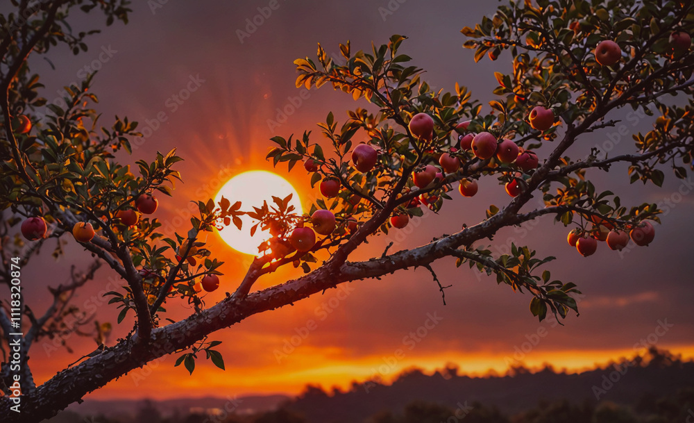 Aufkleber A tree with a bunch of apples hanging from it and a sun in the sky. The sun is setting and the sky is orange