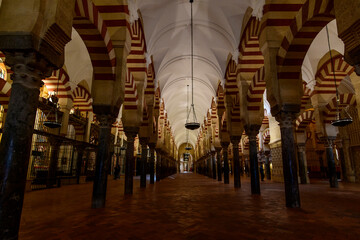 Third extension part of Mosque under Almansur,  with naves perpendicular to the qibla wall  arranged into a system of superimposed arches. Mosque-Cathedral of Cordoba.