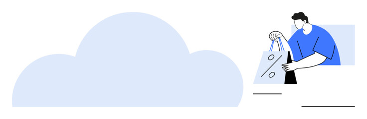 Person in blue shirt holding shopping bags beside large blue cloud. Ideal for e-commerce, online shopping, digital marketing, cloud storage, technology, retail, consumer behavior. Line metaphor