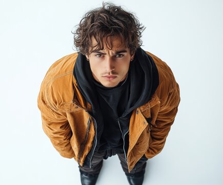 A man in a brown jacket and black hoodie is posing for a photo. Generative AI