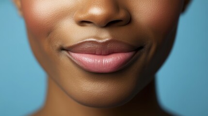 Close-Up Portrait of Smiling Woman with Flawless Skin on Blue Background