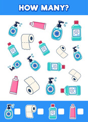 How many items. Hygiene and personal care accessories. Cute cartoon illustration. Isolated on white background.