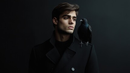 Fototapeta premium A young man wearing a classic pea coat gazes into the distance while a small bird perches on his shoulder. The dark background enhances the mood of the moment, creating a striking visual contrast