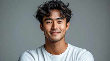 Fototapeta premium A man with a white shirt and dark hair is smiling. Generative AI