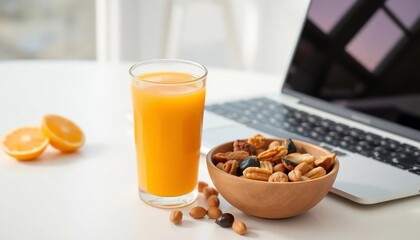 Healthy Office Snack Orange Juice Nuts Laptop