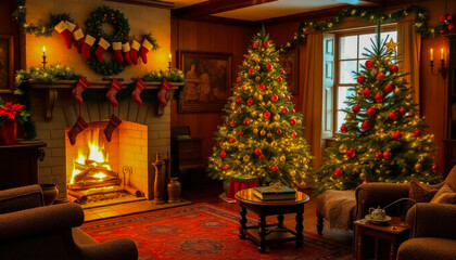 Elegant living room featuring a large Christmas tree, classic furniture, and a cozy holiday ambiance.